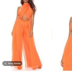 Jumpsuit Wide Leg Jumpsuits For Going Out In Spring, Chic Two-piece Summer Pantsuit, Chic Solid Color Pant Set For Party, Chic Spring Pantsuit, Two-piece Set, Chic Spring Pantsuit Two-piece Set, Chic Spring Two-piece Pantsuit, Sleeveless Pant Set For Spring Party, Sleeveless Pant Set For Summer Party, Chic Orange Jumpsuits And Rompers For Party