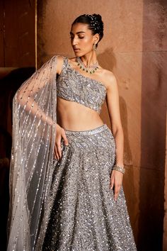 Indian Fits, Lehenga And Blouse, Personal Shopping Service, Grey Skirt, Asymmetrical Cut, Indian Crafts, Designer Lehenga, Embellished Blouse, Designer Lehenga Choli