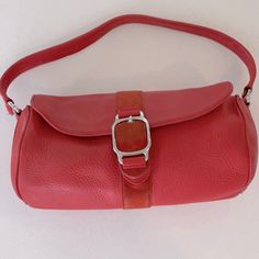 Red Cole Haan Cylinder Shaped Leather Bag With Suede Accents And Silver Buckle. Lots Of Life Left, Well Loved As Shown On Inside, But Still Nice On Outside. A Little Leather Spot Cleaner Would Make It Brand New Looking. One Small Pen Mark Shown On Outside, Never Tried To Spot Check. Red Leather Pouch Shoulder Bag, Red Bags With Magnetic Closure For Daily Use, Red Leather Shoulder Bag With Magnetic Closure, Red Shoulder Bag With Magnetic Closure, Formal Red Bag With Magnetic Closure, Red Everyday Bag With Magnetic Closure, Daily Use Red Shoulder Bag With Silver-tone Hardware, Red Shoulder Bag With Magnetic Closure For Daily Use, Red Leather Satchel With Silver-tone Hardware