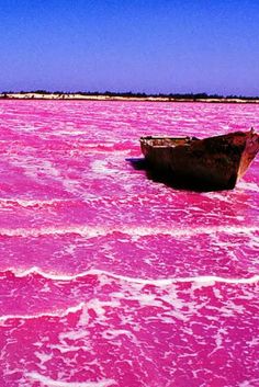 a boat floating on top of a pink lake