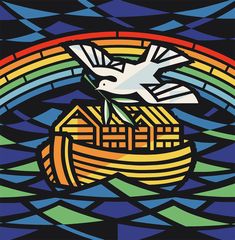 an image of a bird flying over a boat in the ocean with rainbows behind it