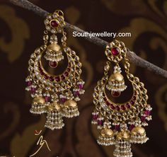 Beautiful Polki Chandbalis Earrings Latest, Indian Jewelry Earrings, Red Stones, Chandbali Earrings, Antique Jewelry Indian, Bridal Fashion Jewelry, Gold Jewelry Earrings