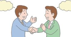 two men shaking hands in front of three thought bubbles on a white background with one holding the other's hand