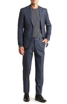 A refined two-button suit cut in a trim silhouette is the perfect go-to for any well-dressed event. 36.4" inseam; 7.8" leg opening; 10.6" rise (size 36) Jacket has notched lapels; chest welt pocket; dual flap welt pockets
 Lined 73% polyester, 25% rayon, 2% spandex
 Dry clean
 Imported Model stats: 6'1" height, 32" waist. Model is wearing size 36. Fitted Pantsuit With Button Closure For Semi-formal Occasions, Business Casual Pantsuit With Notch Lapel And Pressed Crease, Business Casual Notch Lapel Pantsuit With Pressed Crease, Professional Blue Suit With Notch Lapel, Blue Three-piece Suit For Business Casual, Slim Fit Single Button Business Casual Suit, Single Button Slim Fit Suit For Business Casual, Slim Fit Suits With Welt Pockets, Fitted Suits With Button Closure And Suit Collar