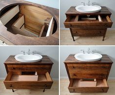 four different views of a bathroom sink with drawers in the bottom, and an open drawer below