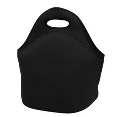 a black neopree lunch bag with a white handle on the front and side