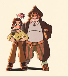 an image of a man and woman in pirate costumes standing next to each other on a white background