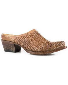 Snip toe. Slip-on mule design. Brown leather. Basket weave design on vamp. Leather outsole with rubber heel cap. Imported. Luxury Leather Mules With Woven Sole, Cheap Open Toe Mules With Buckle Closure, Cheap Round Toe Mules With Buckle Closure, Cheap Women's Mules With Buckle Closure, Cheap Leather Mules For Vacation, Affordable Leather Mules For Work, Mules Shoes Leather, Luxury Calf Leather Mules With Stitched Sole, Western Style Slip-on Mules With Leather Sole