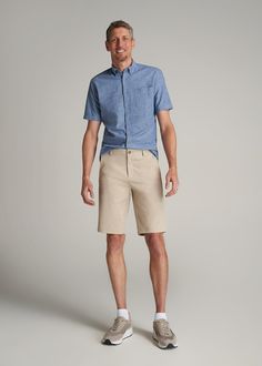 About Our Extra-Long Men's Shorts Finally, men's tall shorts that are actually long enough for your legs. Whether you're hitting a few balls at the driving range or hanging out in the backyard on a warm summer day, you need a pair of shorts that are as comfortable as they are functional. But as a tall guy, finding shorts that are long enough can be a challenge. We designed our traveler chino shorts for tall men between 6'3” and 7'1” with an inseam that ends just above the knee and a stretchy mat Cotton Golf Bottoms With Built-in Shorts, Cotton Bottoms With Built-in Shorts For Golf, Sporty Cotton Golf Shorts, Summer Golf Bottoms In Short Style, Summer Golf Bottoms Short, Summer Golf Bottoms Short Length, Casual Summer Golf Bottoms, Casual Spring Golf Bottoms, Cotton Golf Shorts For Summer