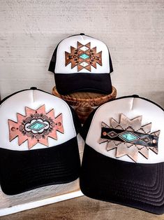 One-of-a-kind hats, with hand-tooled leather patches Take the day off from doing your hair and look great doing it! Top Quality foam trucker hats, Adjustable and comfortable, One size fits most These are not the cheap flimsy foam hats, these are sturdy and well made The leather patches are tooled without a pattern, slowly, by hand, and then dyed, painted, distressed, and sealed. Because of this, no two hats will ever be exactly the same. These will stand up to normal use, but please do not subme Western Trucker Hat With Leather Patch, Western Style Adjustable Trucker Hat With Leather Patch, Country Style Adjustable Trucker Hat With Leather Patch, Leather Patch Hat, Handmade Leather Work, Cowgirl Style Outfits, Southern Outfits, Leather Tooling Patterns, Painted Hats