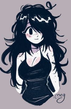 a drawing of a woman with long black hair and an evil look on her face