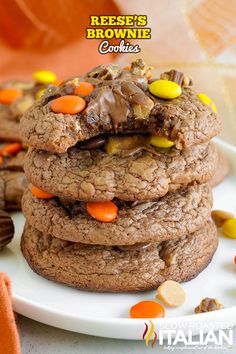 reese's brownie cookies are stacked on top of each other with candy candies