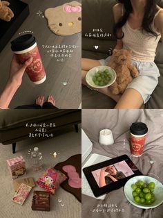 a woman sitting on a couch holding a cup of coffee next to a plate of grapes and a teddy bear