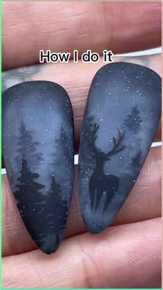 Fog Nail Art, Winter Forest Nails, Alaska Nails Ideas, Deer Hunting Nail Designs, Winter Tree Nails, Nails With Trees, Pretty Winter Nails Acrylic, Yule Nail Art, Deer Nail Designs