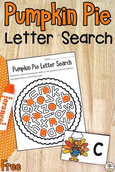 the pumpkin pie letter search is on display with two matching cards and an orange marker