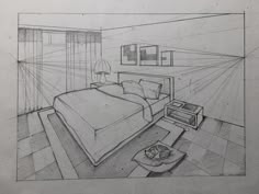 a drawing of a bedroom with a bed and nightstand