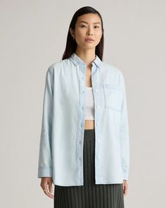 Distressed Denim Oversized Shirt Relaxed Fit Light Wash Denim Top For Day Out, Casual Relaxed Fit Denim Top Made Of Tencel, Relaxed Fit Washed Tops For Daywear, Trendy Relaxed Fit Shirt With Shirttail Hem, Trendy Shirt With Relaxed Fit And Shirttail Hem, Relaxed Fit Washed Tencel Tops, Casual Light Wash Tencel Tops, Chic Light Wash Relaxed Fit Denim Top, Casual Light Wash Tencel Denim Top