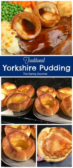 yorkshire puddings are being cooked in the oven and served on plates with peas, peas and