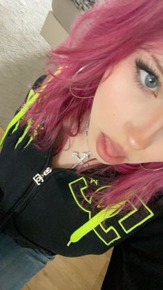 #pinkhair #pink #pinkcore #monsterenergy #emo #y2kaesthetic #y2k #outfitoftheday 2 Toned Pink Hair, Front Hair Strands Dyed, Black And Pink Punk Aesthetic, Halloween Costumes For Pink Hair, Y2k Hair Dye Ideas, Alt Pink Hair, Pink Hair Tan Skin, Pink Hair Outfits, Pink Hair Alt