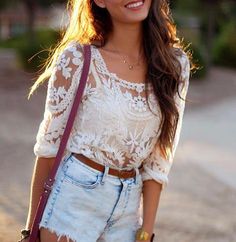 Soft ivory crochet details adorn this sweet blouse. An intricate crochet design pairs with long sleeves and a sweet rounded hem. Semi-sheer design with a darling rounded neckline. Color: Ivory 100% cotton Imported Hand wash cold Small/Med Med/Large Bust 37 39 Waist 36 38 Hips 38 39 Length 27 27 Bust, waist, and hip measurements are a total circumference. Length is measured from the top of the blouse to the hem. Measurements are an estimate. Summer Outfits 2015, Country Outfits Women, Wedding Day Dresses, Top In Pizzo, 2015 Outfits, Lace Long Sleeve Shirt, Summer Fashion For Teens, Boho Trends, Summer Outfits For Teens