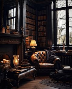 a living room filled with furniture next to a fire place and bookshelf in front of a window