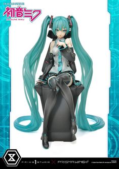 an anime figurine sitting on top of a black chair with long blue hair