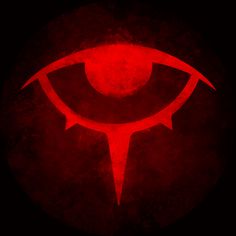 a red and black background with an evil symbol on the bottom right hand corner in the center