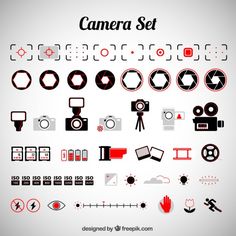 the camera set is shown in red and black colors, with different symbols on it