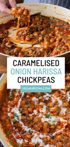 a person is scooping some food out of a large bowl with the words caramelised onion harissa chickpeas