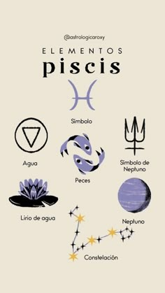 the elements of piscis written in spanish and english on a white background with stars