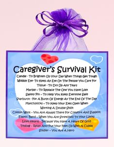 a card with the words caregiver's survival kit written on it in purple