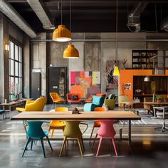 an industrial style office with colorful chairs and tables