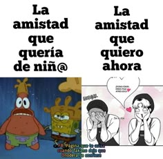 two cartoon characters with different expressions in spanish, and one has an image of the same character