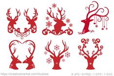 the silhouettes of deer and snowflakes are shown in red on a white background