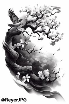 a black and white drawing of a tree with birds flying over the flowers on it