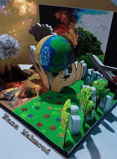 a paper model of the earth in front of an image of trees, rocks and volcanos