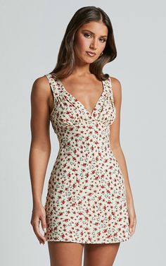 Amalea Mini Dress - Wide Strap Ruched Bust Dress in Red Floral Outfits With Red, Short One Piece Dress, Ruched Bust Dress, Summer Dresses Aesthetic, Summer 2024 Fashion, Bust Dress, Casual Dresses Summer, Basic Black Dress, Neon Outfits