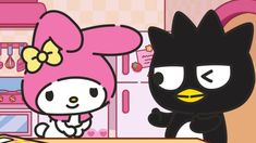 a black cat is standing next to a pink kitty