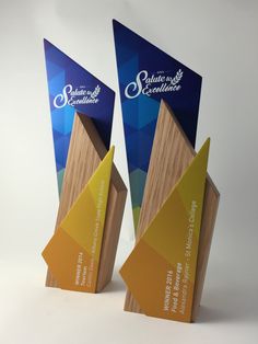 two wooden award plaques sitting side by side on top of each other with blue and yellow designs