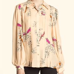 Beautiful Billowy Blouse, With Pleated Detail And The Prettiest Tranquil Bird Print. The Colors Are Cream, Peach And Pink. Pink Silk Blouse For Daywear, Silk Pink Floral Print Blouse, Pink Silk Blouse With Floral Print, Elegant Pink Top For Spring, Pink Silk Tops For Daywear, Pink Feminine Blouse For Daywear, Feminine Pink Blouse For Daywear, Silk Pink Top For Workwear, Pink Silk Tops For Work