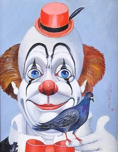 a painting of a clown with a bird on his shoulder