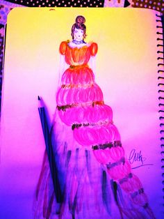 a drawing of a woman in a pink dress on top of a spiral notebook next to a pencil