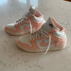 Nike Dunk Women’s 11.5 Never Worn, Only Tried On, No Box Fast Shipping!! The Nike Dunk High 1985 ‘Arctic Orange’ For Women Is A Fusion Of Unique Materials With The Original High-Top Silhouette. The Shoe's Upper Is Made Of White Leather With Overlays In Washed Faded Pink Denim Accented With Orange Contrast Stitching And Raw Edge Detailing. The Tongue Is Made Of Nylon And Features A Woven Nike Tag, While With Repeating Printed Nike Logos Appear On The Sockliner. The Midsole Has An Off-White Vintag Trendy Nike High-top Lace-up Sneakers, Pink High-top Casual Sneakers, Casual Pastel Sneakers With Round Toe, Casual Pink High-top Sneakers For Spring, Pink Casual Sneakers With Round Toe, Trendy Pink High-top Sneakers For Spring, Pink Skate Shoes With Laces For Spring, Pink Skate Shoes For Spring, Trendy Pink Lace Skate Shoes