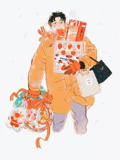 a drawing of a man carrying bags and an orange coat on his shoulders, with one hand in the air