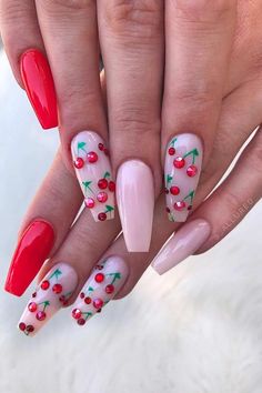 Pink Summer Nails, Cute Pink Nails, Cherry Nails, Nail Design Inspiration, Polka Dot Nails, Coffin Shape Nails, Dots Nails