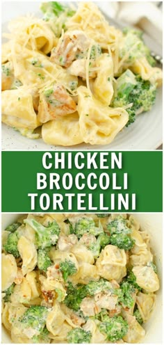 chicken broccoli tortelli recipe is shown in two different pictures with the words chicken broccoli tortelli above it