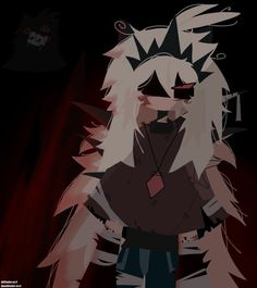 an anime character with long white hair and black eyes standing in front of a dark background