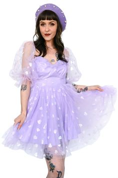 Eat your heart out! This party dress can be worn or off the shoulders, and features a lace up back detail for the perfect fit.  A lavender tulle with iridescent/holo hearts over a soft solid lavender fabric.  Small back zipper with hook and eye closure below the corset back for easy on and off.  Purple/Green Split hair Lavender Fairy Short Dress, Fairy Kei Short Sleeve Party Dress, Purple Fairy Kei Dress For Spring, Fairy Kei Purple Party Dress, Lilac Tulle Mini Dress, Fashion Mirror, Split Hair, Eat Your Heart Out, Sheer Sleeves