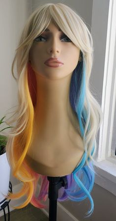 Long Wavy Rainbow Wig, Pastel Rainbow Wig, Blonde Wig with Rainbow Highlights, Rainbow, Rainbow Wig, Blonde, Wigs Wavy Rainbow, Rainbow Highlights, Rainbow Wig, Blonde Wigs, Wig Blonde, Blonde Wig, Crazy Hair, Pastel Rainbow, Hair Goals