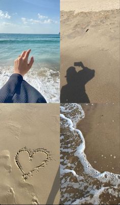 four different pictures with the same person making a heart shape in the sand at the beach